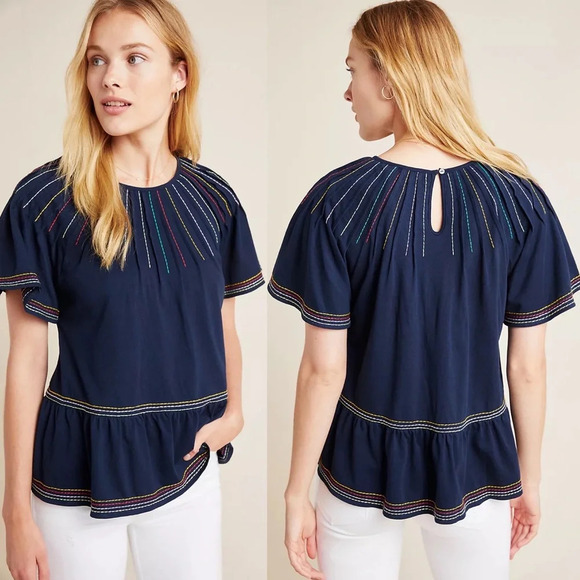 Maeve Tops - Maeve Chamonix Embroidered Swing Navy Blue Blouse Top Women’s X-Small